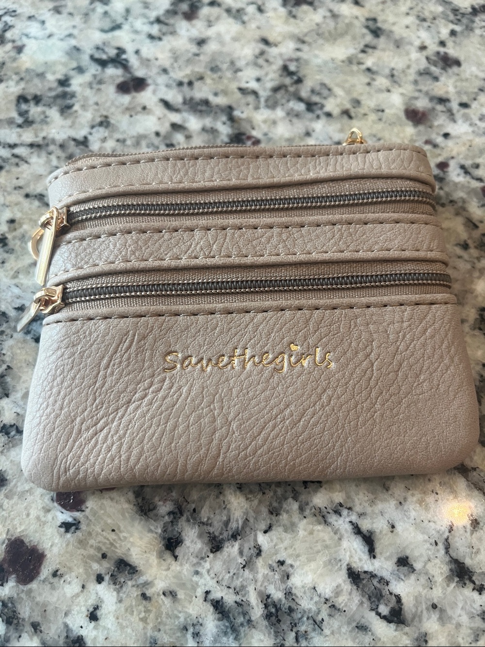 Save The Girls beige Multi-Zip Card Wallet with Gold Logo